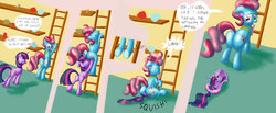 Size: 1600x658 | Tagged: safe, artist:noctulov, cup cake, twilight sparkle, earth pony, pony, unicorn, g4, butt, butt crush, cartoon physics, climbing, comic, crushed, faceful of ass, facesitting, female, flattened, ladder, mare, ouch, plot, unicorn twilight