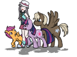 Size: 943x710 | Tagged: safe, artist:whimsicottons, dumbbell, scootaloo, twilight sparkle, human, g4, crossover, pokémon