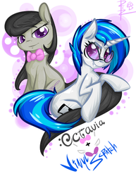 Size: 425x550 | Tagged: safe, artist:rawrcharlierawr, dj pon-3, octavia melody, vinyl scratch, g4, female, lesbian, ship:scratchtavia, shipping