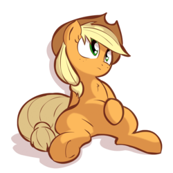 Size: 800x800 | Tagged: safe, artist:lazy, applejack, g4, chest fluff, female, leaning back, sitting, solo, spread legs, spreading, underhoof