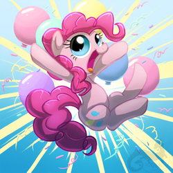 Size: 500x500 | Tagged: safe, artist:aylastardragon, pinkie pie, earth pony, pony, g4, balloon, confetti, cute, diapinkes, female, open mouth, smiling, solo, streamers