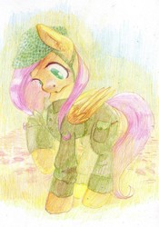 Size: 838x1200 | Tagged: safe, artist:wolfiedrawie, fluttershy, g4, army, camouflage, clothes, female, soldier, solo, traditional art, uniform