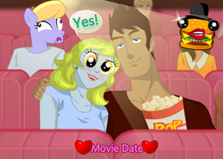 Size: 583x415 | Tagged: safe, cloud kicker, derpy hooves, doctor whooves, time turner, human, g4, burger, cinema, cuddling, date, derp, earring, female, food, hamburger, hat, heart, humanized, male, movie, popcorn, sandwich, ship:doctorderpy, shipping, snacks, speech bubble, straight, wat, wtf