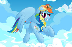 Size: 5015x3245 | Tagged: safe, artist:drawponies, rainbow dash, pegasus, pony, g4, absurd resolution, badge, butt, clothes, cloud, cloudy, female, flying, goggles, looking at you, mare, plot, sky, solo, spread wings, underhoof, uniform, wings, wonderbolt trainee uniform, wonderbolts, wonderbolts uniform