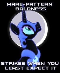 Size: 900x1095 | Tagged: safe, artist:drawponies, edit, nightmare moon, g4, bald, female, frown, looking up, photoshop, solo, text, wide eyes