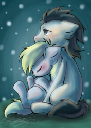 Size: 1066x1509 | Tagged: safe, artist:midnameowfries, derpy hooves, doctor whooves, time turner, pegasus, pony, g4, chest fluff, female, male, mare, pregnant, ship:doctorderpy, shipping, snow, snowfall, straight