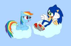 Size: 1791x1170 | Tagged: safe, artist:biosonic100, rainbow dash, g4, cloud, crossover, male, sonic the hedgehog, sonic the hedgehog (series)