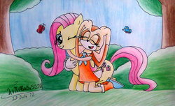 Size: 1555x945 | Tagged: safe, artist:chikisxsxs210, fluttershy, butterfly, g4, cream the rabbit, crossover, sonic the hedgehog (series), traditional art