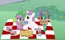 Size: 1600x995 | Tagged: safe, artist:evilfrenzy, spike, sweetie belle, dragon, pony, unicorn, g4, barb, cupcake, female, filly, foal, food, gem, male, picnic, rule 63, sapphire, sapphire cupcake, ship:silverbarb, ship:spikebelle, shipping, silver bell, straight