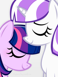Size: 1280x1691 | Tagged: safe, artist:vivian reed, twilight sparkle, twilight velvet, pony, unicorn, g4, bust, eyes closed, female, filly, mare, mother and child, mother and daughter, profile, simple background, smiling