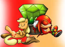 Size: 4094x2968 | Tagged: safe, artist:sonicknight007, applejack, g4, appleknux, crossover, crossover shipping, female, high res, interspecies, knuckles the echidna, love, male, master emerald, shipping, sonic the hedgehog, sonic the hedgehog (series), straight