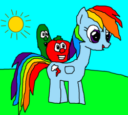 Size: 1600x1440 | Tagged: dead source, safe, artist:mariobrasilu9, rainbow dash, pegasus, pony, g4, 1000 hours in ms paint, bob the tomato, crossover, cucumber, female, food, grass, larry the cucumber, mare, paint.net, riding, sky, smiling, sun, tomato, trio, veggietales, wat