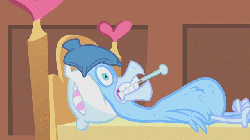 Size: 640x360 | Tagged: safe, screencap, fluttershy, philomena, phoenix, a bird in the hoof, g4, season 1, animated, backwards thermometer, bed, cold, female, fever, ice pack, sick, thermometer