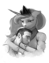 Size: 612x792 | Tagged: safe, artist:hattonslayden, princess luna, human, anthro, g4, grayscale, hug, monochrome