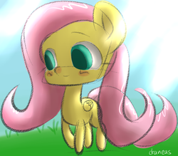 Size: 692x606 | Tagged: safe, artist:draneas, fluttershy, pegasus, pony, g4, blushing, chibi, female, folded wings, looking away, looking down, mare, outdoors, solo, standing, wings