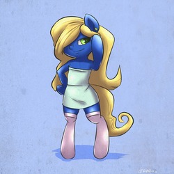 Size: 1000x1000 | Tagged: safe, artist:draneas, pony, bipedal, clothes, dress, hair over one eye, looking at you, ponified, smiling, smurfette, smurfs, socks