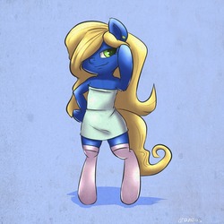 Size: 1000x1000 | Tagged: safe, artist:draneas, pony, bipedal, clothes, dress, hair over one eye, looking at you, ponified, smiling, smurfette, smurfs, socks, summer dress, sundress