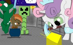 Size: 1024x640 | Tagged: safe, artist:dambitail, button mash, sweetie belle, earth pony, pony, undead, unicorn, zombie, zombie pony, don't mine at night, g4, cauldron, colt, creeper, diamond pickaxe, diamond sword, female, filly, foal, horn, magnetic hooves, male, minecraft, mouth hold, night, person as food, pickaxe, sword, tied up, weapon