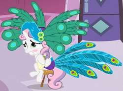 Size: 864x635 | Tagged: safe, screencap, sweetie belle, pony, unicorn, g4, ponyville confidential, blushing, female, filly, foal, hat, peacock feathers, solo