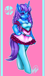 Size: 600x1020 | Tagged: safe, artist:pollo-chan, oc, oc only, unicorn, anthro, unguligrade anthro, g1, breasts, cleavage, clothes, female, horn, looking at you, mare, open mouth, open smile, smiling, solo, stockings, tail, thigh highs