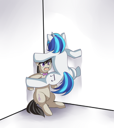 Size: 1175x1309 | Tagged: safe, artist:meewin, dj pon-3, octavia melody, vinyl scratch, pony, g4, bipedal, cicada block, kabedon, open mouth, stretching, unamused