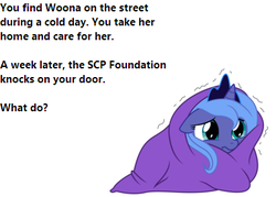 Size: 385x276 | Tagged: safe, princess luna, pony, g4, blanket, bronybait, filly, scared, scp, scp foundation, text, what do, woona
