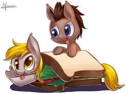 Size: 2481x1840 | Tagged: safe, artist:jggjqm522, derpy hooves, doctor whooves, time turner, pegasus, pony, g4, cute, female, food, mare, sandwich, tongue out