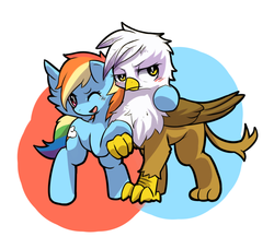 Size: 718x624 | Tagged: safe, artist:apricolor, gilda, rainbow dash, griffon, pegasus, pony, g4, blushing, duo, female, hug, interspecies, lesbian, mare, pixiv, ship:gildash, shipping, simple background, spread wings, white background, wings