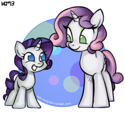 Size: 661x656 | Tagged: safe, artist:kimgoma, rarity, sweetie belle, g4, age regression, filly, older, role reversal