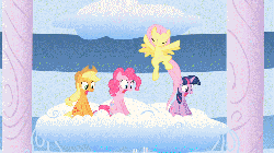 Size: 1280x720 | Tagged: safe, screencap, applejack, fluttershy, pinkie pie, twilight sparkle, g4, sonic rainboom (episode), animated, cheering, cloudsdale, female, happy, jumping, loop, reaction image, shocked
