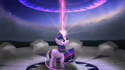 Size: 2560x1440 | Tagged: safe, artist:pyitp, twilight sparkle, g4, cloud, cloudy, female, magic, moon, night, solo, windswept mane