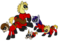 Size: 3500x2500 | Tagged: safe, artist:redflamekitty44, earth pony, pony, unicorn, bob parr, dash parr, elastigirl, helen parr, jack-jack parr, mr. incredible, mrs. incredible, ponified, simple background, superhero, the incredibles, transparent background, violet parr