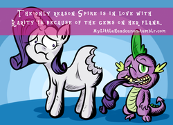Size: 500x359 | Tagged: safe, artist:brutamod, rarity, spike, dragon, pony, unicorn, mylittleheadcanon, g4, abuse, bite mark, dragons eating horses, female, hard vore, literal butthurt, lol, looking back, male, mare, pain, raribuse, tail sticking out, vore, wat