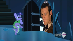 Size: 854x480 | Tagged: safe, spike, twilight sparkle, g4, my little pony: friendship is magic, the crystal empire, doctor who, eleventh doctor, exploitable meme, meme, tardis, the god complex, the scary door