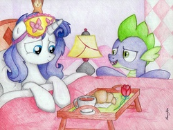 Size: 1612x1209 | Tagged: safe, artist:nancyksu, rarity, spike, g4, bed, bed mane, breakfast, breakfast in bed, female, male, messy mane, older, rose, ship:sparity, shipping, straight, traditional art