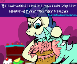 Size: 500x417 | Tagged: safe, artist:brutamod, bon bon, lyra heartstrings, sweetie drops, earth pony, pony, unicorn, mylittleheadcanon, g4, abuse, cake, floppy ears, force feeding, looking down, lyrabuse