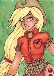 Size: 423x600 | Tagged: safe, artist:nickyflamingo, applejack, human, g4, humanized, traditional art