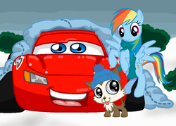 Size: 1289x923 | Tagged: safe, artist:nerdrodder, rainbow dash, g4, car, cars (pixar), crossover, lightning mcqueen, littlest pet shop, pixar, winter