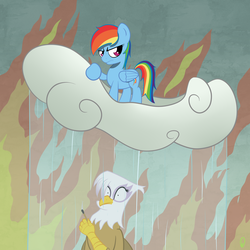 Size: 2000x2000 | Tagged: safe, artist:boumce, gilda, rainbow dash, griffon, g4, cloud, fire, rain, wet, working