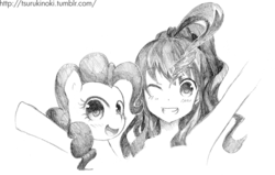 Size: 706x448 | Tagged: safe, artist:tsurukinoki, pinkie pie, human, g4, duality, grayscale, human ponidox, humanized, monochrome, portrait