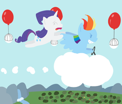 Size: 1000x850 | Tagged: safe, artist:elslowmo, rainbow dash, rarity, g4, balloon, cloud, driving