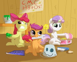 Size: 1250x1000 | Tagged: safe, artist:khorme, apple bloom, scootaloo, sweetie belle, spider, g4, bucket, clubhouse, crusaders clubhouse, jewelry, superhero, wrench