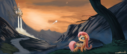 Size: 1024x435 | Tagged: safe, artist:auroriia, fluttershy, g4, canterlot, moon, waterfall