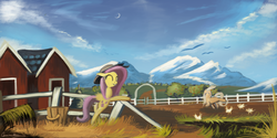 Size: 2000x1000 | Tagged: safe, artist:auroriia, applejack, fluttershy, chicken, duck, g4, dancing, farm, fence, hat