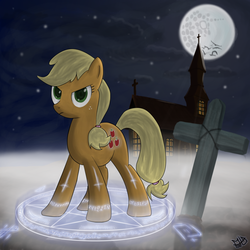 Size: 1500x1500 | Tagged: safe, artist:mylittlearts, applejack, g4, church, cross, female, grave, magic circle, mare in the moon, moon, pentagram, runes, solo