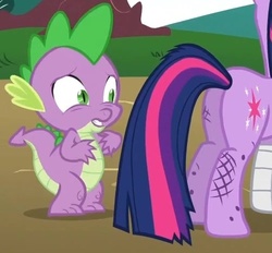 Size: 500x464 | Tagged: safe, screencap, spike, twilight sparkle, pony, unicorn, feeling pinkie keen, g4, butt, dirty, eyes on the prize, female, injured, looking at butt, mare, out of context, plot, twibutt, unicorn twilight