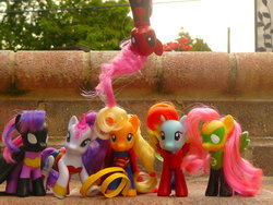 Size: 900x675 | Tagged: safe, artist:pixiebellecosplay, applejack, fluttershy, pinkie pie, rainbow dash, rarity, twilight sparkle, g4, batman, blonde, clothes, cosplay, costume, customized toy, dc comics, deadpool, green lantern, hatless, in which pinkie pie forgets how to gravity, irl, justice league, male, mane six, marvel, merchandise, missing accessory, photo, pinkie being pinkie, pinkie physics, pinkiepool, superhero, superman, upside down, wonder woman