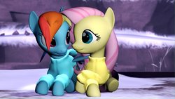 Size: 1192x670 | Tagged: safe, artist:legoguy9875, fluttershy, rainbow dash, g4, 3d, clothes, female, gmod, lesbian, ship:flutterdash, shipping, sweater, sweatershy, winter