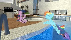 Size: 1191x670 | Tagged: safe, artist:shadow985, rainbow dash, twilight sparkle, shellder, g4, 3d, gmod, laughing, pokémon, sitting, swimming pool