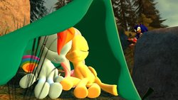 Size: 1192x670 | Tagged: safe, artist:legoguy9875, fluttershy, rainbow dash, g4, 3d, crossover, female, gmod, kissing, lesbian, male, ship:flutterdash, shipping, sonic the hedgehog, sonic the hedgehog (series), tent